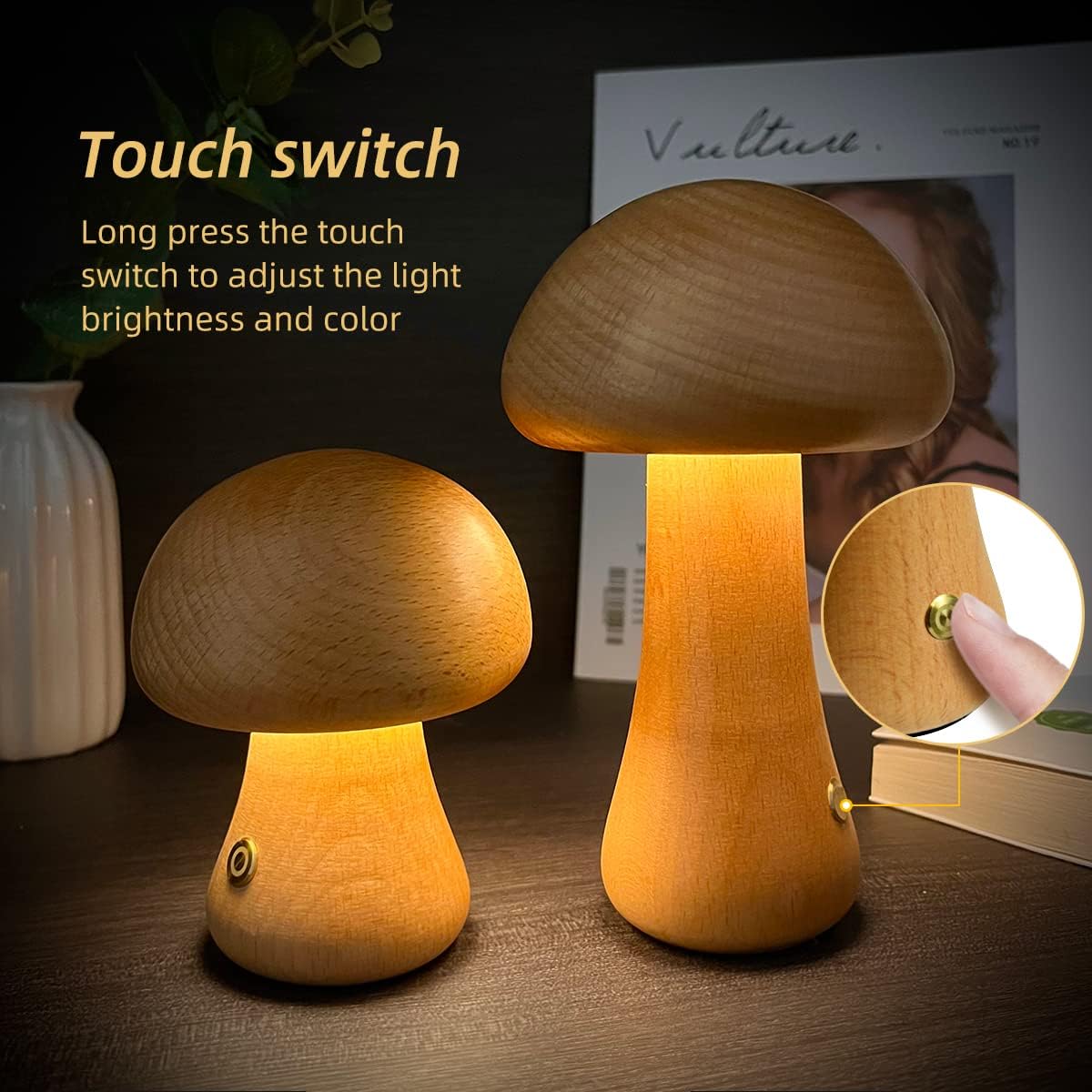 Wooden mushroom LED night light glowing warm on nightstand
