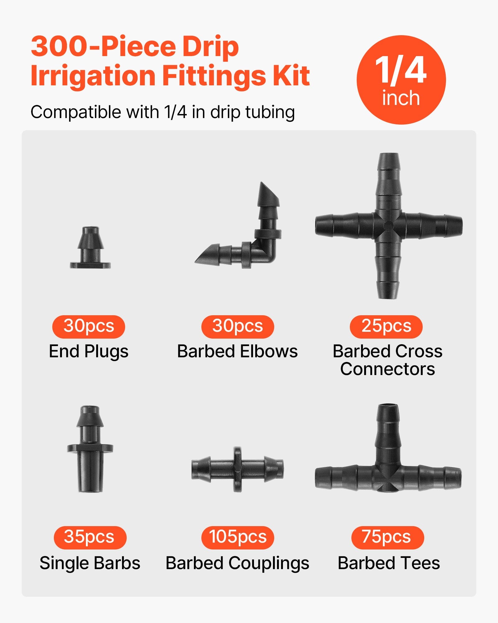 300pcs Drip Irrigation Fitting Parts Kit For 1/4" Tubing