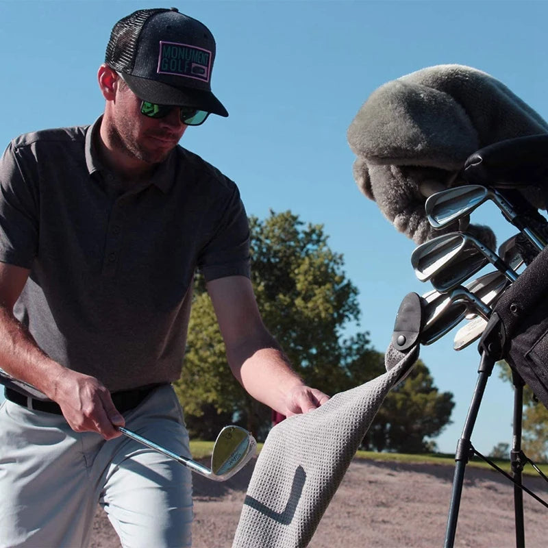 Microfiber golf towel on bag