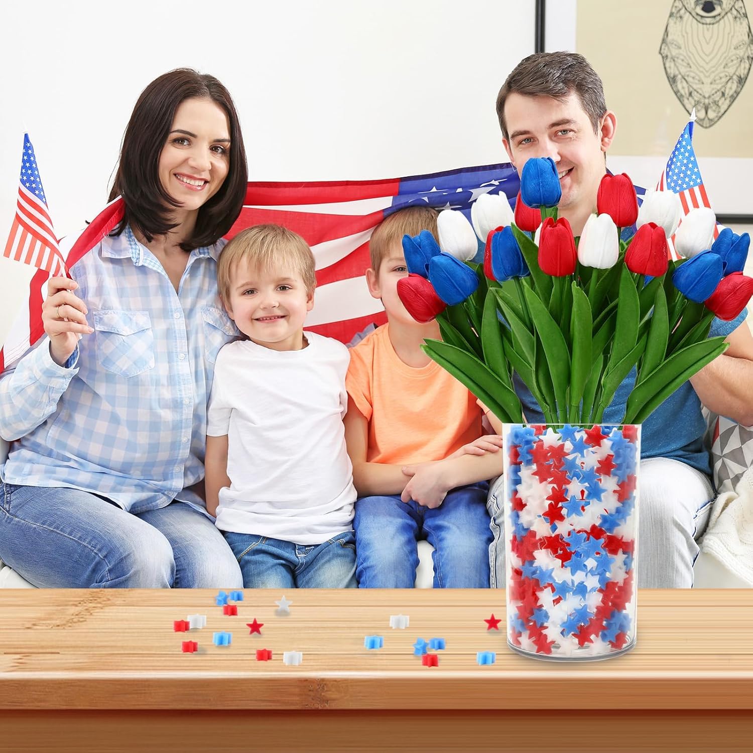 Patriotic artificial tulip centerpiece set red white blue