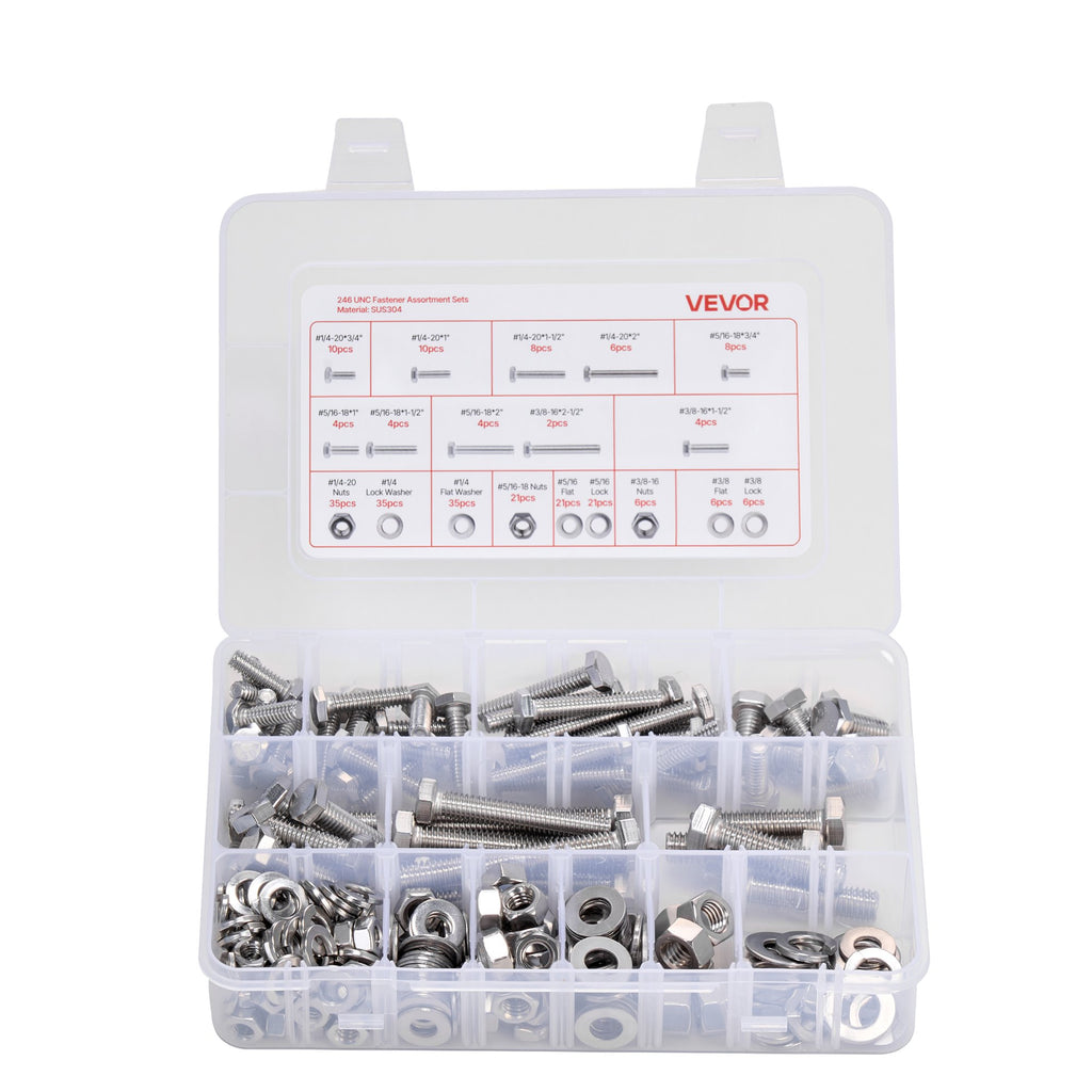 246 Pcs Bolts Nuts Assortment Kit Imperial Stainless Steel