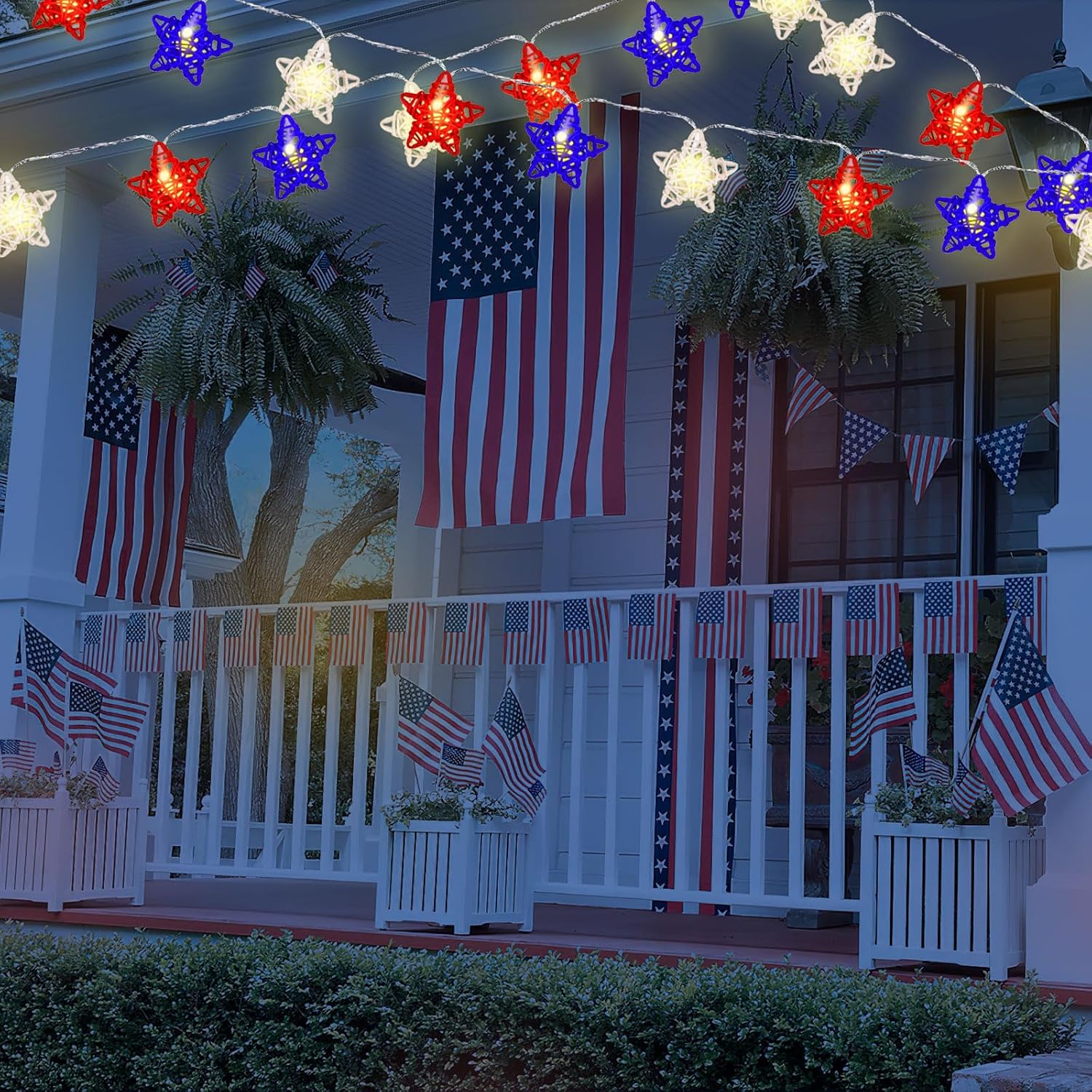 Red white blue 3D star string lights patriotic 15ft
