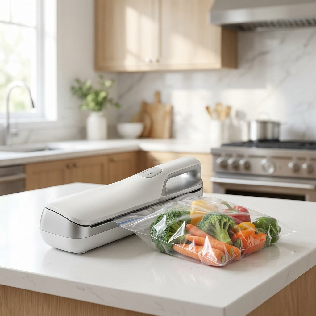 EllCo cordless vacuum sealer sealing a bag of vegetables