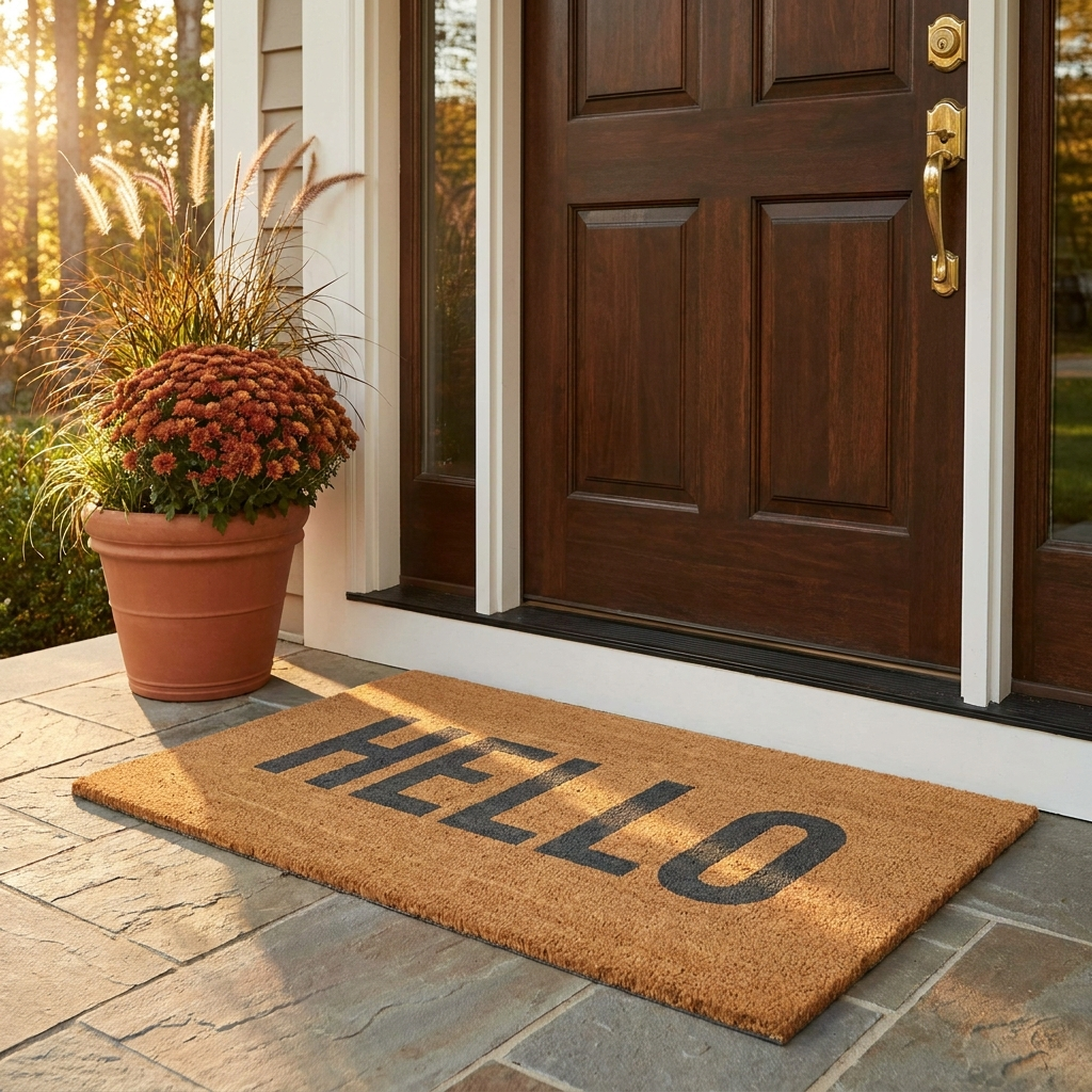 EllCo custom welcome doormat at a front door