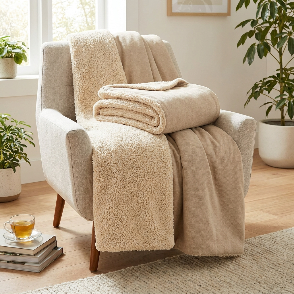 EllCo cozy sherpa throw blanket on an armchair
