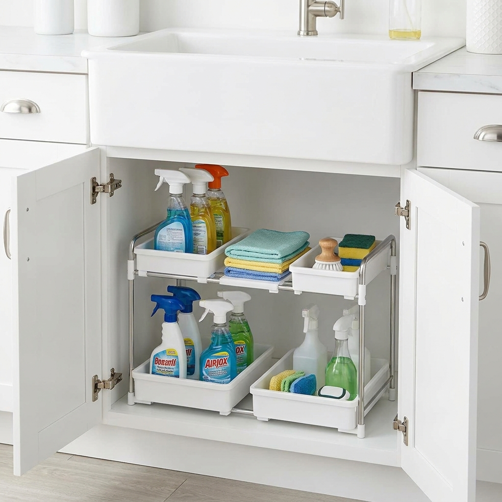 EllCo expandable under-sink organizer shelf