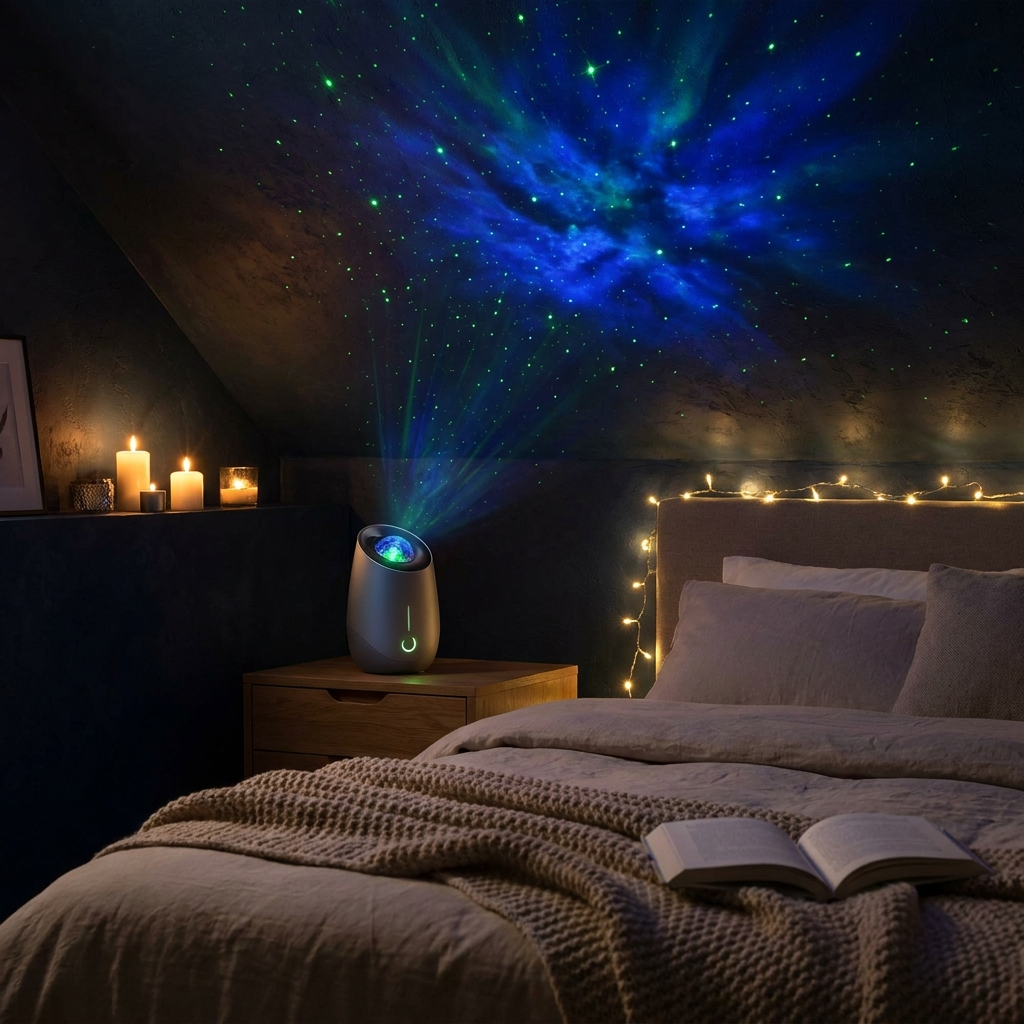 EllCo galaxy star projector on a bedroom ceiling