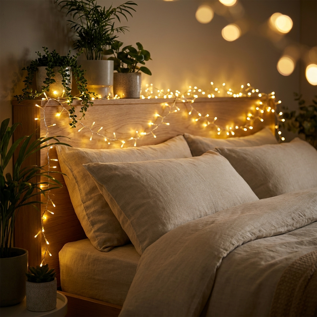 EllCo warm white LED fairy string lights in a bedroom
